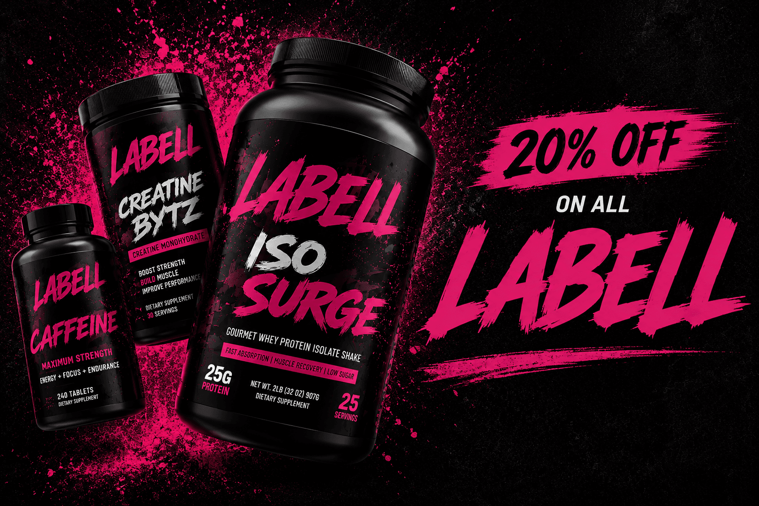 20% off all La Bell supplements — Iso Surge whey protein, Creatine Bytz and La Bell Caffeine