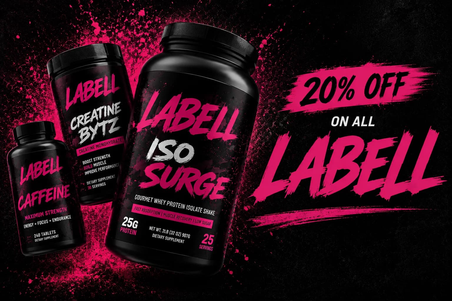 20% off all La Bell supplements — Iso Surge whey protein, Creatine Bytz and La Bell Caffeine